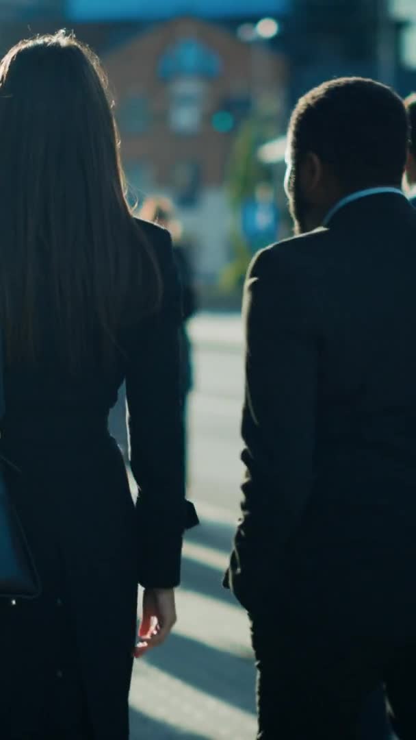 Diversos y multiculturales gerentes de oficina y gente de negocios conmutan para trabajar a pie. Los peatones son inteligentes vestidos casualmente. Video con orientación vertical de la pantalla 9: 16 . — Vídeos de Stock