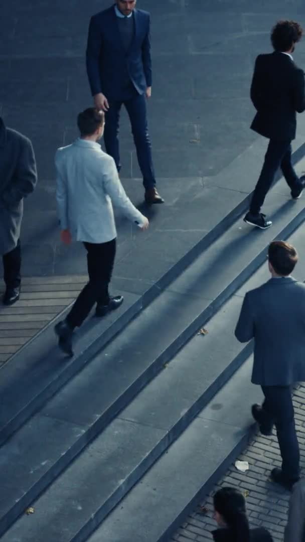 High Angle Shot of Office Managers and Business People Commuting to Work in the Morning or from Office on a Sunny Day on Foot. Video Footage with Vertical Screen Orientation 9:16.Smartphones. — Stock Video
