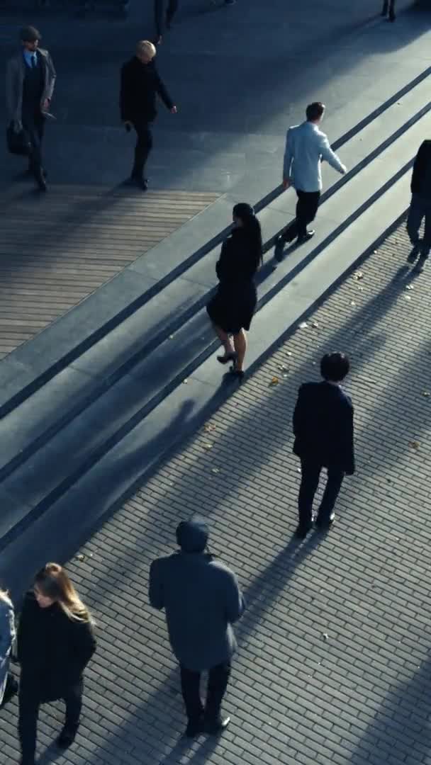 High Angle Shot of Office Managers and Business People Commuting to Work in the Morning ou do Office em um dia ensolarado a pé. Filmagem de vídeo com orientação de tela vertical 9: 16.Smartphones . — Vídeo de Stock