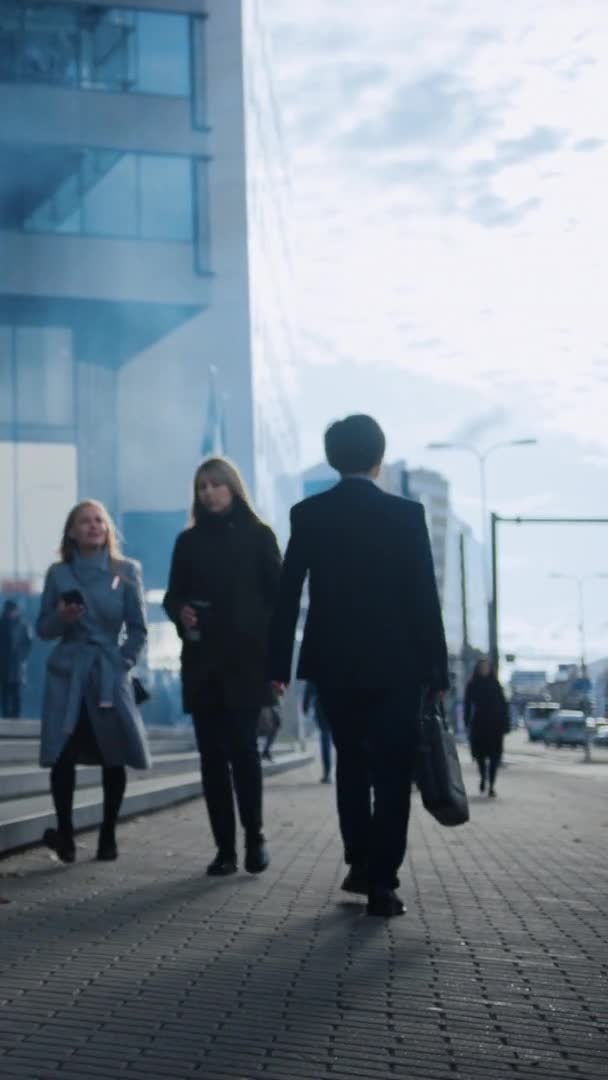 Diversos y multiculturales gerentes de oficina y gente de negocios conmutan para trabajar a pie. Los peatones son inteligentes vestidos casualmente. Video con orientación vertical de la pantalla 9: 16 . — Vídeo de stock