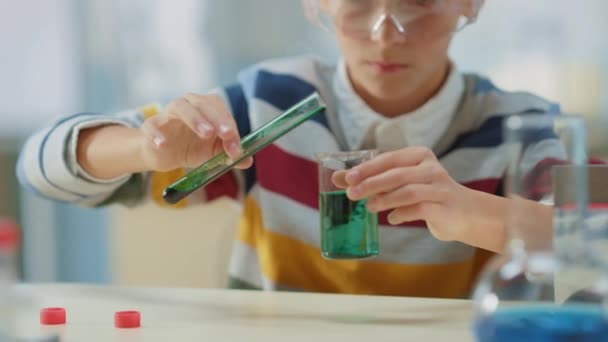 Aula de Ciencias de la Escuela Primaria: Smart Little Boy con gafas de seguridad mezcla productos químicos en vasos de precipitados — Vídeos de Stock