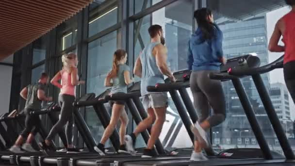 Группа из пяти спортсменов, бегущих на беговых дорожках, занимающихся фитнесом. Спортивные и мускулистые женщины и мужчины активно тренируются в современном тренажерном зале. Спортивные тренировки в фитнес-клубе. Вид сбоку — стоковое видео