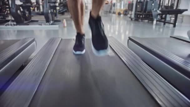 Athletic Muscular Man löpning på löpband, ben och kardio dag. Stark man utbildning i modern gym. Sport Människor Workout i Fitness Club. Främre vy över låg mark skott i Slow Motion. Fokus på ben — Stockvideo