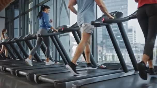 Les gens athlétiques courir sur tapis roulants, faire de l'exercice de remise en forme. Entraînement actif des femmes et des hommes sportifs et musculaires dans la salle de sport moderne. Sports People Workout. Vue arrière Caméra élévatrice et à mouvement lent — Video