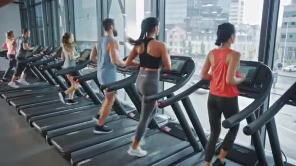 由6名运动员组成的团体在跑步机上跑步，做健身锻炼。现代健身房的运动和肌肉发达的男女积极锻炼。健身俱乐部的运动健美人员。侧视图 — 图库视频影像