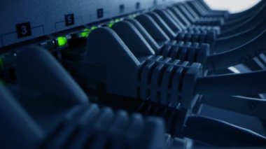 Makro Atış: Ethernet kabloları Yanıp sönen Işıklar ile Router Portlarına bağlandı. Telekomünikasyon ve Data: RJ45 Internet Connectors Modem LAN anahtarlarına bağlandı. Yan Görünüm Eğik Hareket Kamerası