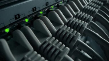 Macro Shot: Ethernet Veri Kabloları Yanıp sönen Işıklar ile Yönlendirici Portlara Bağlandı. Telekomünikasyon: RJ45 Internet Connectors Modem LAN anahtarlarına bağlandı. Yana Görünümlü Yükseltilmiş Hareket Kamerası