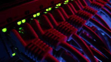 Macro Shot: Ethernet Veri Kabloları Yanıp sönen Işıklar ile Yönlendirici Portlara Bağlandı. Telekomünikasyon: RJ45 Internet Connectors Modem LAN anahtarlarına bağlandı. Hareket eden kamera. Neon Kırmızı Mavi Işıklandırma