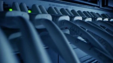 Macro Shot: Ethernet Veri Kabloları Yanıp sönen Işıklar ile Yönlendirici Portlara Bağlandı. Telekomünikasyon: RJ45 Internet Connectors Modem LAN anahtarlarına bağlandı. Kablolar Arasında Kamera Taşıma