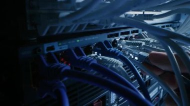 Bilgi İşlem Yöneticisi RJ45 Internet Connector 'ı LAN Router Switch' e bağlıyor. Veri Merkezi 'ndeki Bilgi İletişim Ağı ile Yanıp sönen Işıklarla Modem Portlarına Bağlı Kablolar