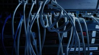 Makro Çekim: Ethernet Kabloları Yönlendirici Portlara Bağlandı. Telekomünikasyon: RJ45 Aygıt Bağlantıları Modem Hubs 'a bağlandı. Kablolar Arasında Kamera Taşımacılığında Çekici POV İlk Kişi Yakınlaştırması