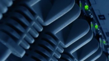 Makro Atış: Ethernet kabloları Yanıp sönen Işıklar ile Router Portlarına bağlandı. RJ45 Internet Connectors Modem LAN anahtarlarına bağlandı. Yan Görünüm Hareketli Kamera. Dikey Ekran Yönlendirme Videosu 9: 16.