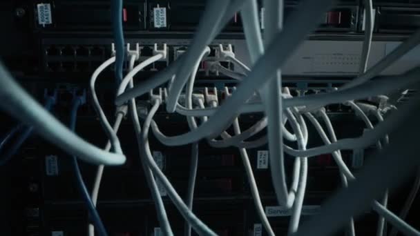 Крупный план Macro Shot: Ethernet-кабели, подключенные к портам маршрутизаторов. Телекоммуникации: Разъемы устройств RJ45, подключенные к хабам модема. Увеличение изображения от первого лица в камере, перемещающейся между кабелями — стоковое видео