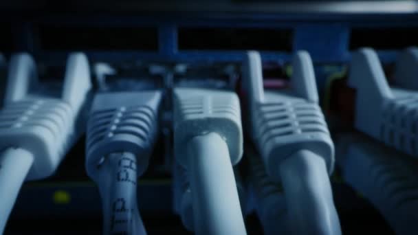 Gros plan Macro Shot : Câbles Ethernet connectés aux ports du routeur. Télécommunications : Connecteurs de périphériques RJ45 connectés aux concentrateurs de modem. Immersive POV Caméra Zoom arrière à la première personne se déplaçant entre les câbles 