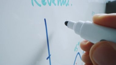 Mavi İşaretli Kalem Elle Tutulurken Makro Takip Çekimi. Grafikleri ve iş planları olan bir tahtaya yazı yazmak. Kalem, Kameraya Bağlıdır. Tutunaklı atış. Fineliner ile çizim.