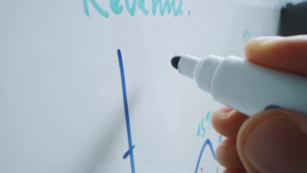 Makroaufnahme eines blauen Marker-Stifts, der mit einer Hand gehalten wird. Person, die auf einem Whiteboard mit Grafiken und Businessplänen schreibt. Bleistift wird mit der Kamera verbunden. Ergriffener Schuss. Skizzieren mit Fineliner. — Stockvideo