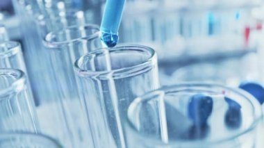 Bilimsel Laboratuvar: Pipette Sıvıyı Test Tüplerine Bırakıyor, Tıbbi Araştırma ve Analiz. Taşıyıcı İlaç Üretim Hattı; Damlatıcı DNA Çalışması için kullanılan örnek tüpleri doldurur. Makro 'yu yakın plan