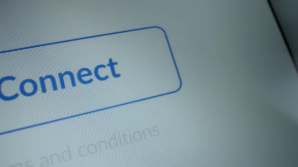 Close-up Macro Shot: Device Screen with Website Showing "Connect" Button, Cursor Clicks on Button, it Blinks Blue Light. Mock-up Software Concept with Material Design UI, UX, GUI — Stock Video