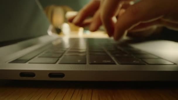 Nahaufnahme Makroaufnahme: Person tippt auf Laptop-Tastatur und drückt Enter-Taste. Arbeiten, E-Mails schreiben, Internet nutzen. Notizbuch auf dem Tablet liegend, sonniger Tag im Hintergrund — Stockvideo