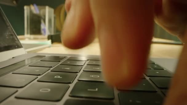 Person tippt auf der Computertastatur. Arbeiten, E-Mails schreiben, Internet nutzen. Notizbuch auf dem Tablet liegend, sonniger Tag im Hintergrund. Nahaufnahme einer beweglichen Makroaufnahme — Stockvideo