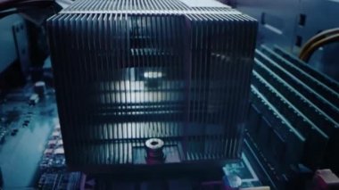 Makro Kamera, Bilgisayar Anakart Bileşenleri: Mikroçip, İşlemci, Transistorlar 'ı gösteriyor. Elektronik Cihazın içinde, Donanım. Neon Renkleri