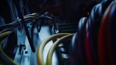Makro Çekim: bilgisayar kutusunun içinde. Kamera PCB Anakart ve Bağlı Güç Kabloları, Çeşitli Renkli Bağlayıcılar Üzerinde Hareket Ediyor. Elektronik Cihaz. Şık Neon, Siyah, Pembe, Mavi Renkler