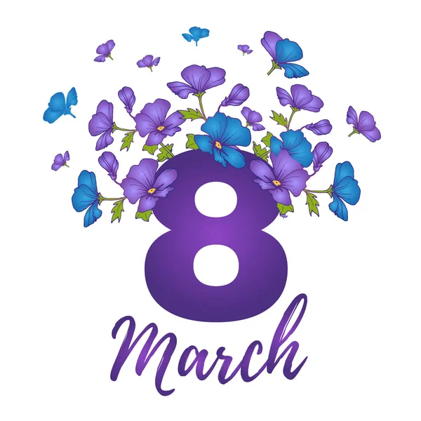 8 Μαρτίου Ημέρα της Γυναίκας ευχετήρια κάρτα. Τετράγωνο σχήμα σε μπλου και μοβ χρώματα. Μεμονωμένη απεικόνιση σε λευκό — Φωτογραφία Αρχείου