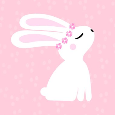 Arka planda küçük yumurtalar olan pembe arka planda sevimli beyaz bir tavşan. Vektör illüstrasyonu.