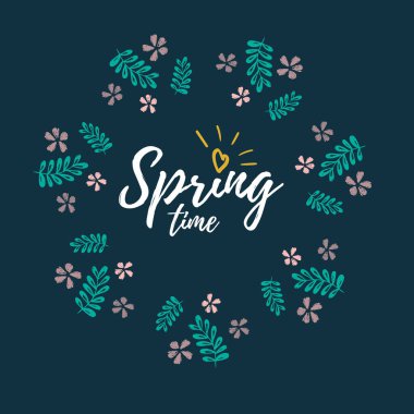 Üzerinde mavi arkaplan çemberinden çiçekler olan bir bahar kartı..