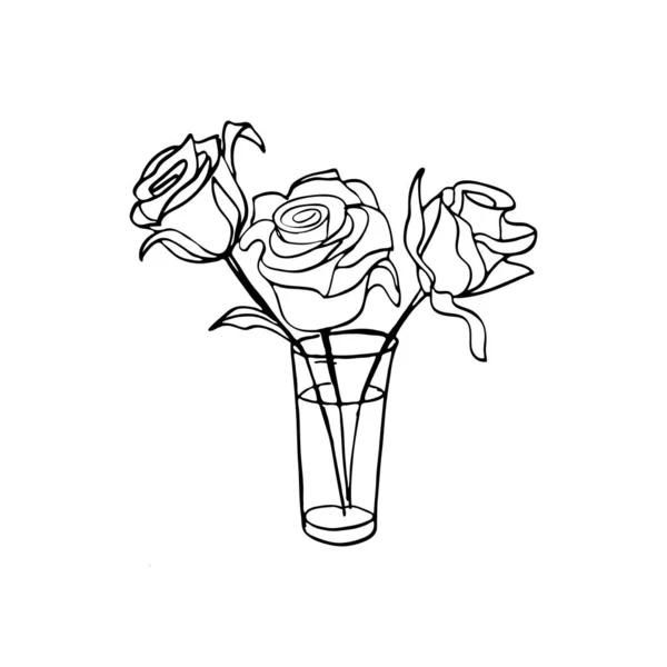 Drei Rosen in einem Glas handgezeichnete Rosen. Vector Doodle Outline Illustration isoliert. Malbuch Seite, Web, Journal. — Stockvektor