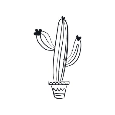 Siyah kaktüs ana hatları beyaz arka planda klasik tarzda izole edilmiş. Düğün tasarımı, logo ve tebrik kartı için Doodle vektör illüstrasyon evi bitkileri. Tropikal grafik