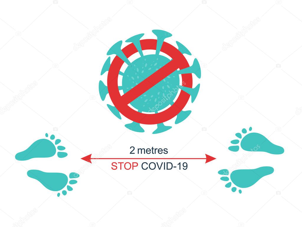 Template sign reminding the importance of keeping the 2 metres distance between people to protect from Coronavirus or Covid-19.