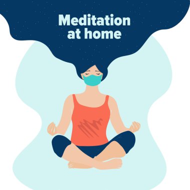 Odada yoga, evde kadın meditasyonu. Çizgi film tarzı. Düz tasarım