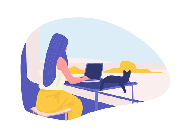 Vrouw zittend in een stoel bij het raam met laptop. Meisje met laptop doet op afstand werk met kat. Online freelance werk concept illustratie voor webpagina of mobiele app. Moderne vector Geïsoleerde flat — Stockvector