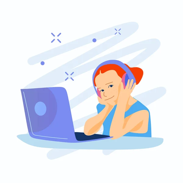 Ilustrace Holčičky Jak Píše Svém Laptopu Šťastná Školačka Rudými Vlasy — Stockový vektor