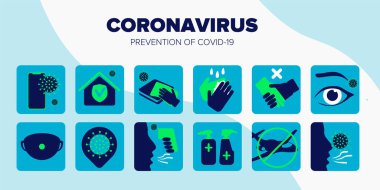 Koleksiyon 12 simgeleri, önleyici önlemlerin işareti. Koronavirüs bulaşmaması için, Coperid-19. Poster, web arayüzü, mobil uygulamalar, bilgi grafikleri için uygun.