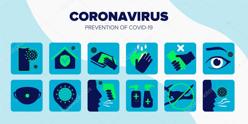 Collection 12 icons, sign of preventive measures. How not to get infected with coronavirus, covid-19. Suitable for poster, web interface, mobile apps, infographics.