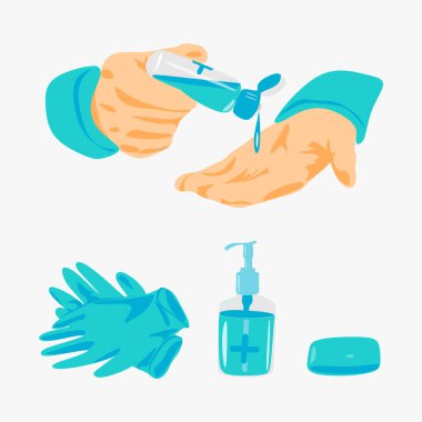 Koronavirüsten korunma ve önleme, koruma malzemeleri: tıbbi eldivenler, maskeler, antibakteriyel antiseptik, sabun. Beyaz arkaplandaki grafiksel elementler. Bilgi, poster ve internet için uygun. Vektör illüstrasyonu