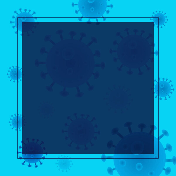 Square blue background with coronavirus molecules with a dark background for text. Can be used social networks, design for your business advert.