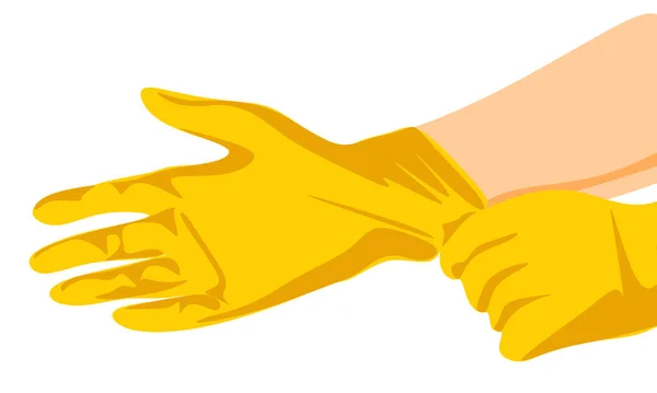 Putting latex on gloves. Protective latex yellow gloves. Symbol of protection against viruses and bacteria. Precaution icon. Vector illustration. Cartoon style. Isolated on white background. — Stock Vector