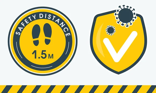 Modelo amarelo adesivo redondo que lhe diz para manter a sua distância de 1,5 metros evitar a propagação do vírus corona. Escudo amarelo de proteção. Proteção contra o Coronavirus COVID-19 . —  Vetores de Stock