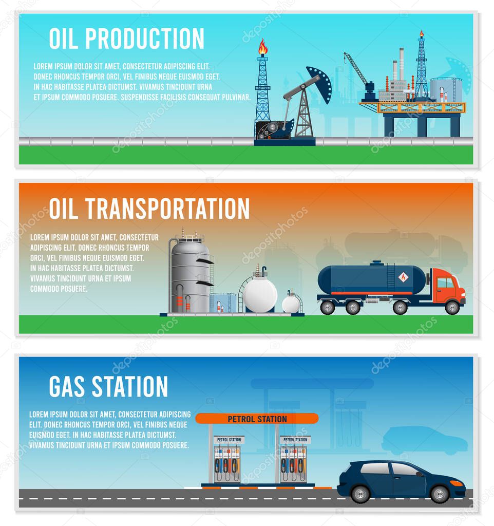 Petroleum industry segments horizontal banners set with oil production, transportation, and gas station. vector illustration 