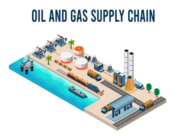 Infográfico Isométrico Cadeia Fornecimento Petróleo Gás Ilustração Vetorial — Vetor de Stock