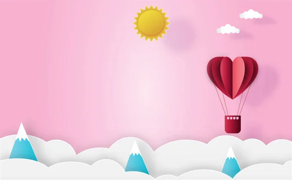 Pembe gökyüzünde uçan kırmızı sıcak hava balonunun kağıt sanatı. Sevgililer Günü konsepti. Vektör illüstrasyonu