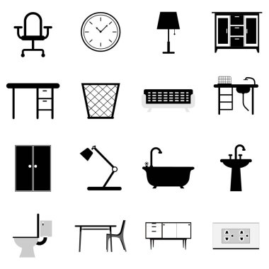 16 adet Düzenlenebilir Mobilya Simgesi. Vektör illüstrasyonu.