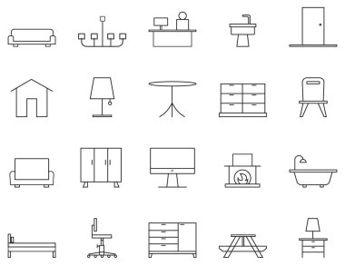 20 adet Düzenlenebilir Mobilya Simgesi. Vektör illüstrasyonu.