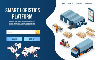 Web sitesi ve mobil web sitesi için küresel lojistik ortaklığı olan modern düz dizayn izometrik Akıllı Lojistik kavramı. Düzenlemek ve kişiselleştirmek kolay. Vektör illüstrasyonu