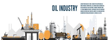 Petrol endüstrisi platformu Banner Outbuildings, petrol depolama tankı. Poster Broşür Pilotu Tasarımı, Vektör İllüstrasyonu