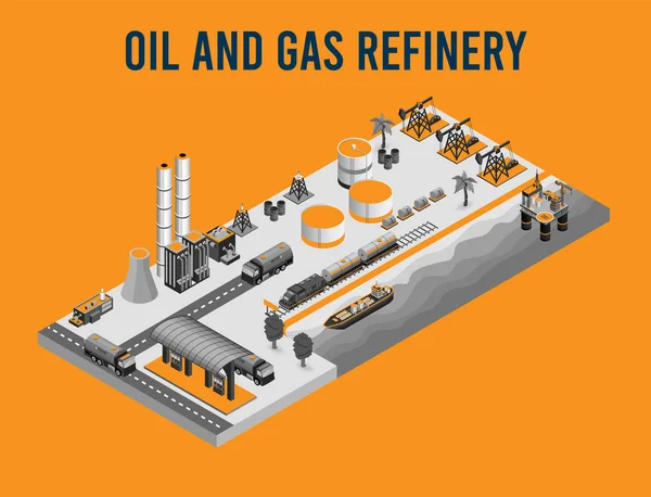 Ícone Isométrico Refinaria Petróleo Gás Elemento Infográfico Com Petróleo Offshore — Vetor de Stock