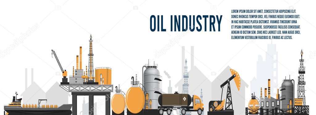 Gas oil industry platform Banner with Outbuildings, Oil storage tank. Poster Brochure Flyer Design, Vector Illustration